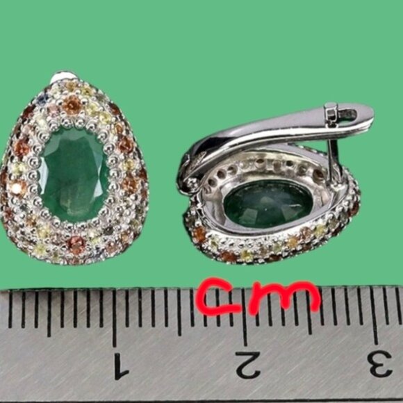 925 Sterling Silver Earrings with Natural Emerald & Sapphire Gems - Picture 3 of 3
